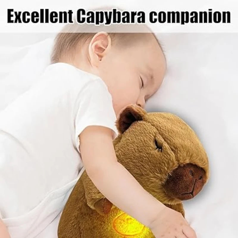 Breathing Capybara Plush Toy with Light & Sound Child sleeping with a plush capybara toy on a white background