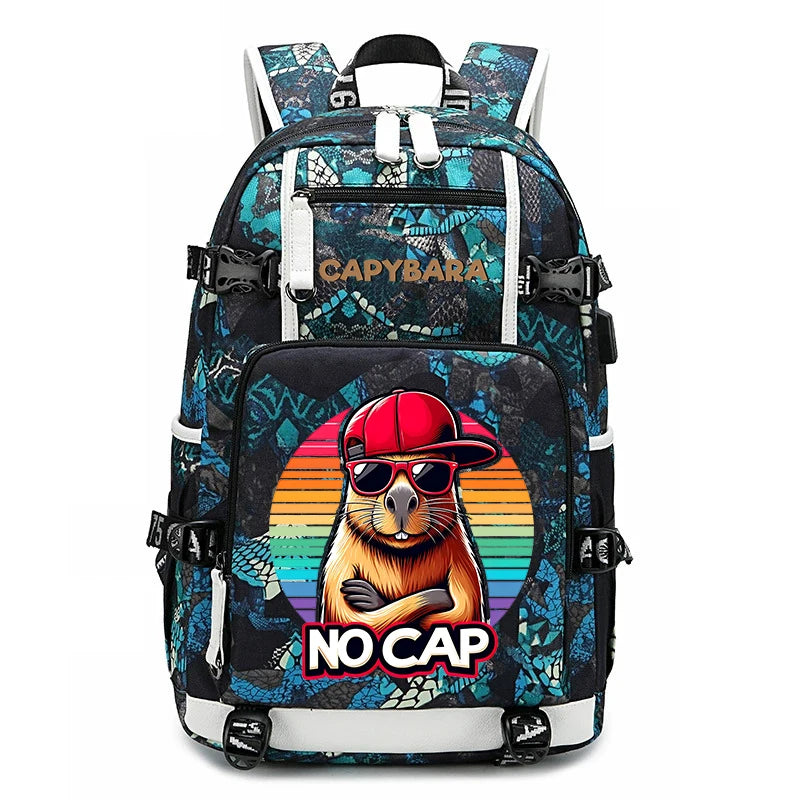 Capybara Backpack – Large Capacity Lightweight School Bag A black and blue patterned backpack with a cartoon beaver wearing a red cap and sunglasses, with the text 'NO CAP' on the front pocket. The brand name 'CAPYBARA' is printed on the upper front.