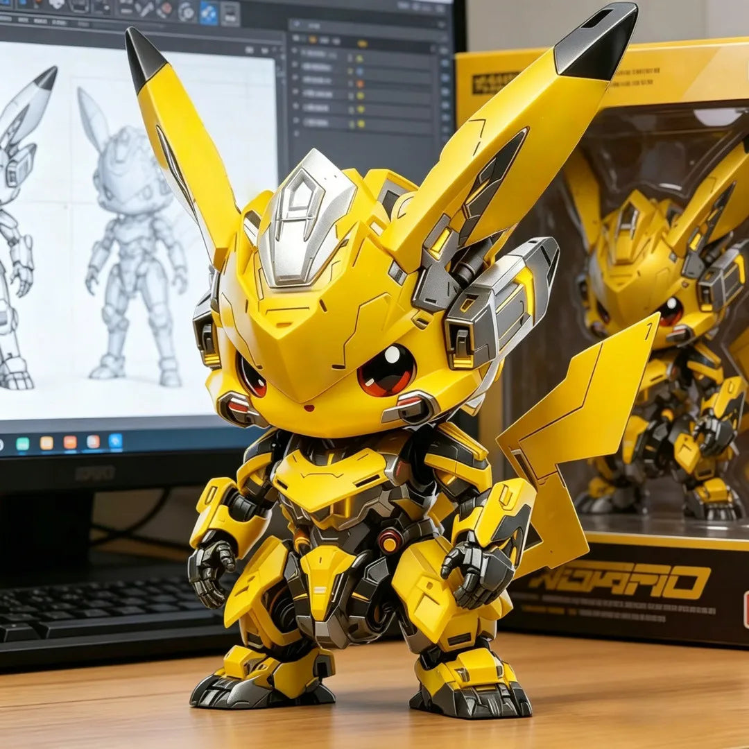 Pikachu Bumblebee Figure – Handheld Desktop Collectible Yellow robot toy in front of a computer screen displaying a design.