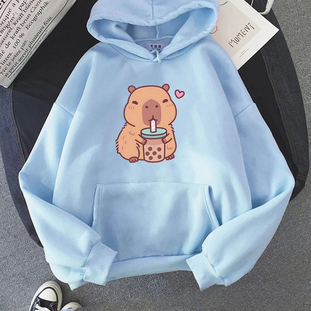 Capybara Drinking Bubble Tea Hoodie Capybara Drinking Bubble Tea Hoodie Furvenzy Light blue XS