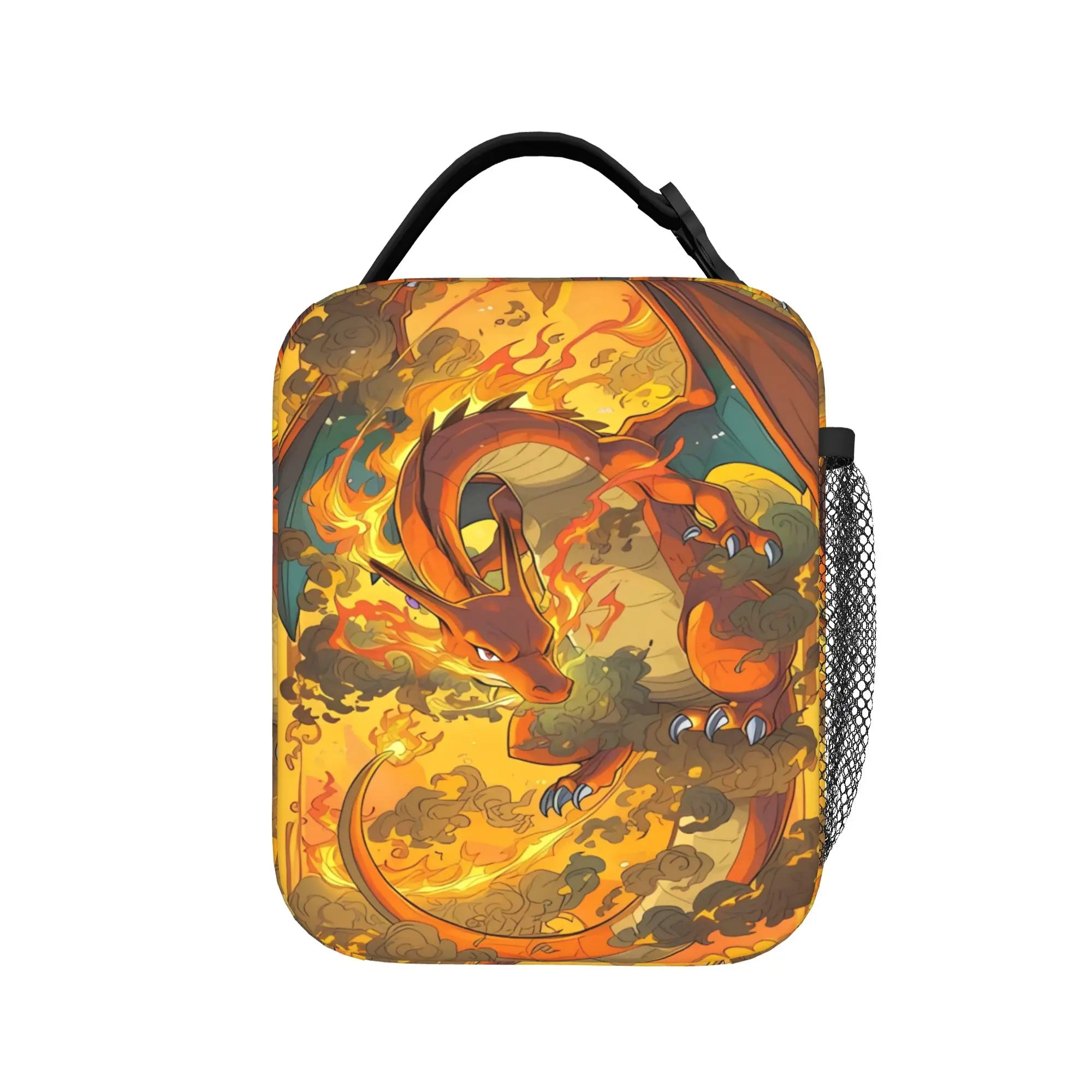 Pokemon Charizard Fire Burst Lunch Bag – Waterproof Insulated Tote A square insulated lunch bag with rounded corners, featuring a black top handle and a side mesh pocket. The front is covered in a vibrant graphic print of Charizard, the orange dragon, amidst swirling flames and smoke on a warm yellow-orange background.