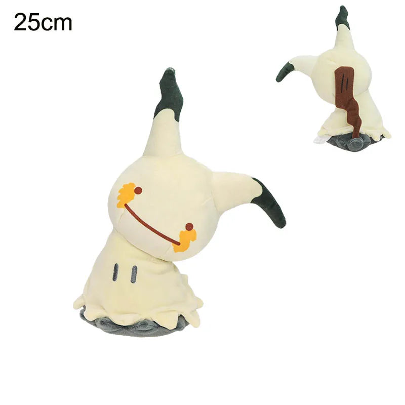 Pokemon Mimikyu Plush – Shiny Stuffed Toy A plush toy shaped like a ghostly Pokémon character, shown from the front and back on a plain white background. The main front view is larger, with a smaller back view inset at upper right.