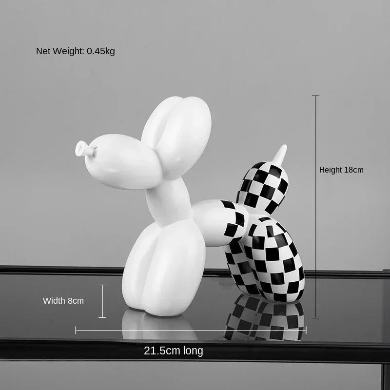 Balloon Dog Sculpture Decor – Cute Animal Home Accent for Living Room White and black checkered balloon dog sculpture with measurements on a gray background