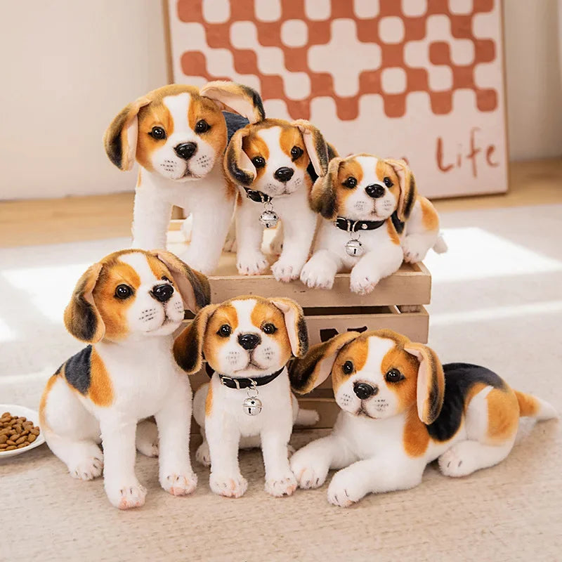 Realistic Dalmatian Beagle Plush Stuffed Toy Set of toy beagle puppies in a wooden crate on a light surface.