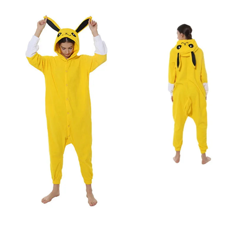 Pokemon Kigurumi Onesie – Snorlax, Gengar Anime Costumes Person wearing a yellow onesie with black accents, standing against a white background.
