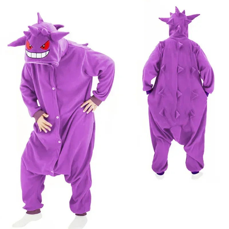 Pokemon Kigurumi Onesie – Snorlax, Gengar Anime Costumes Purple onesie with character design on a white background