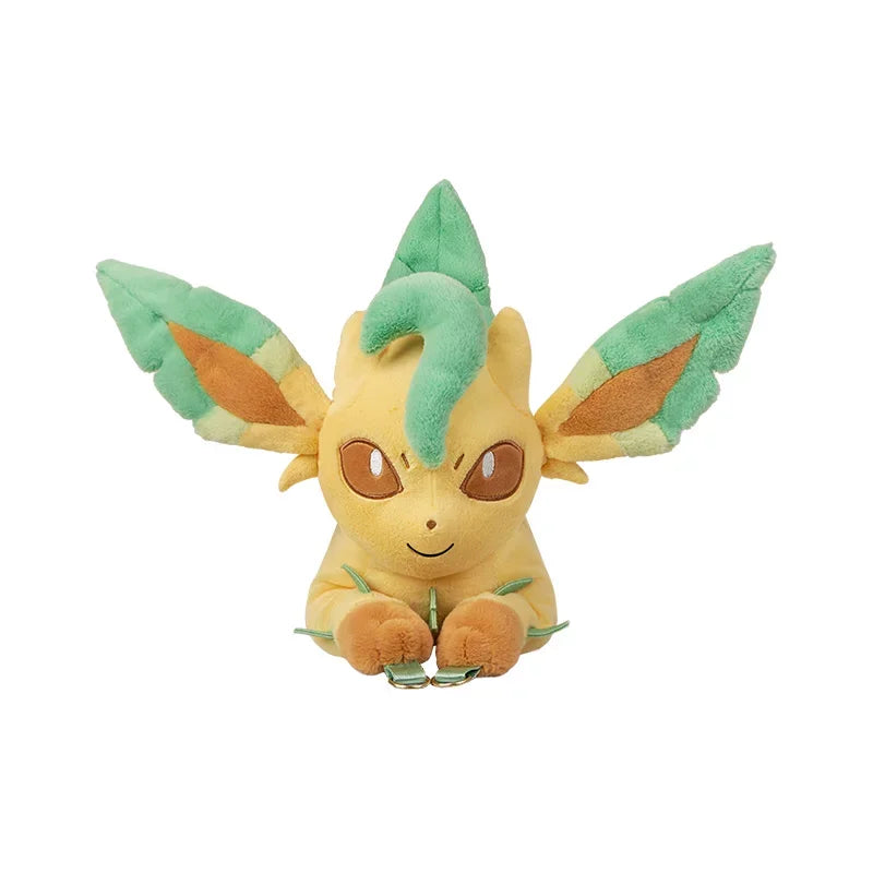 Pokemon Eevee Evolution Plush Crossbody Bag A plush toy of the Pokémon character Leafeon, featuring its signature yellow body, green leaf-like ears and crest, and brown eyes, set against a plain white background.