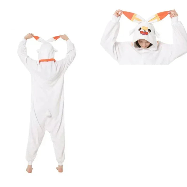 Pokemon Kigurumi Onesie – Snorlax, Gengar Anime Costumes Person wearing a white onesie with bunny ears on a white background