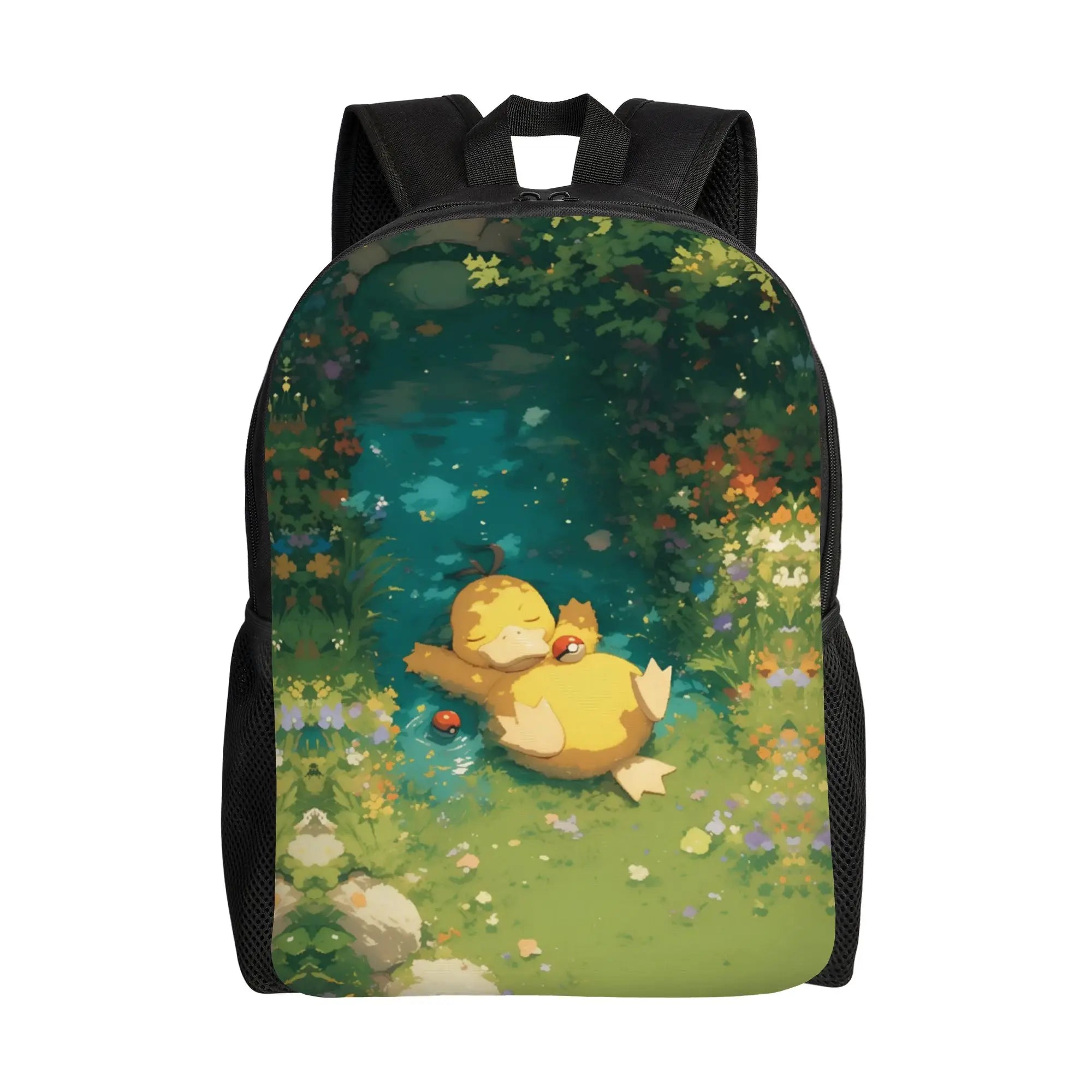 Pokemon Psyduck Laptop Backpack – School Bag A black backpack featuring a colorful printed illustration of a yellow duckling sitting in a lush green forest with wildflowers.