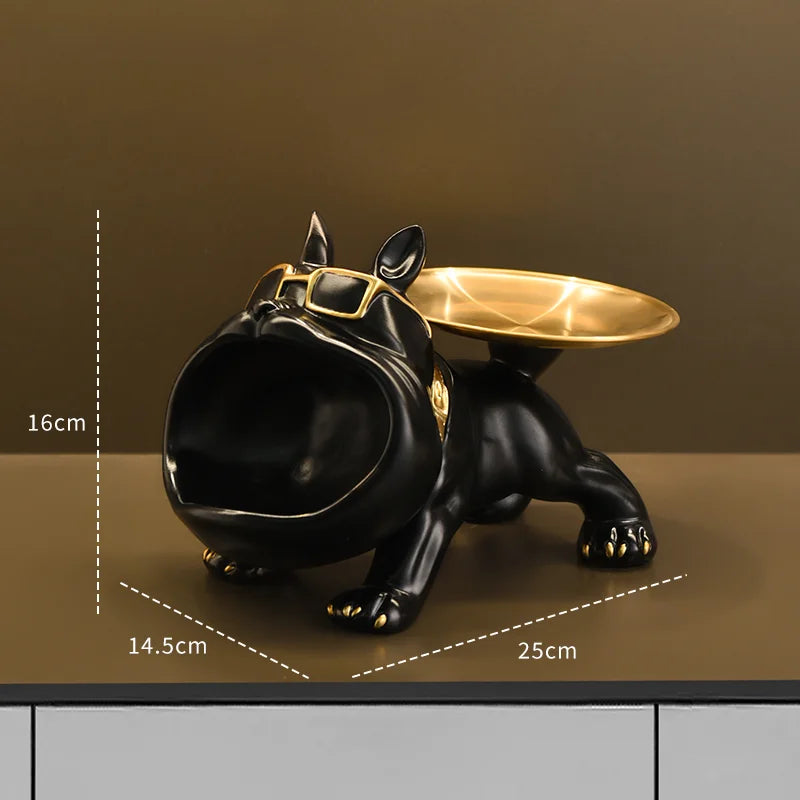 Bulldog Figurine with Storage Box – Resin Dog Home Decor Sculpture Black dog-shaped table lamp with gold bowl on a brown surface, showing dimensions.