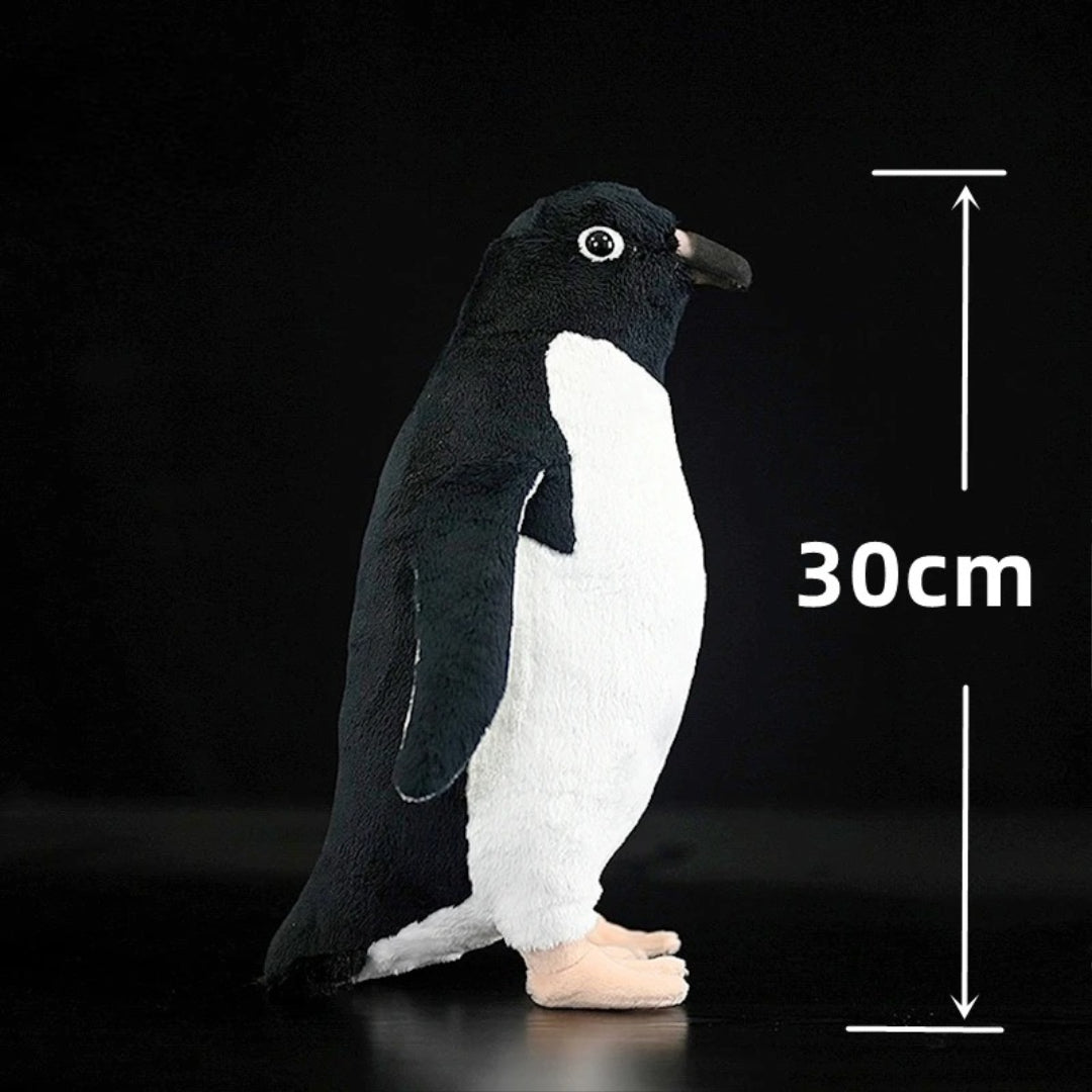 Realistic Penguin Plush Toy - Adélie Penguin Stuffed Animal Plush penguin toy with a measurement label indicating 30cm on a black background