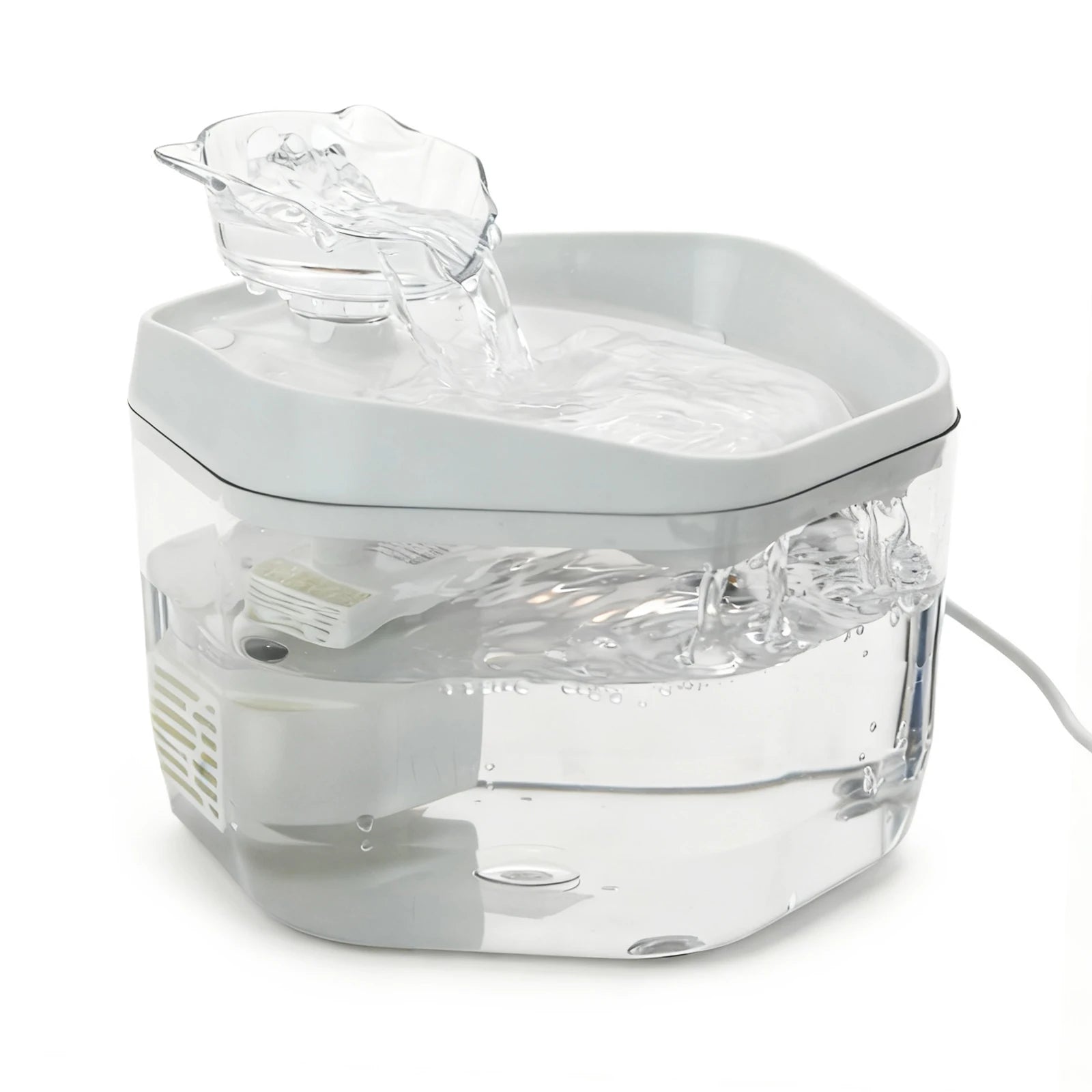 Cat Water Fountain 1.2L USB Pet Drinking Fountain Clear pet water fountain with white base on a white background