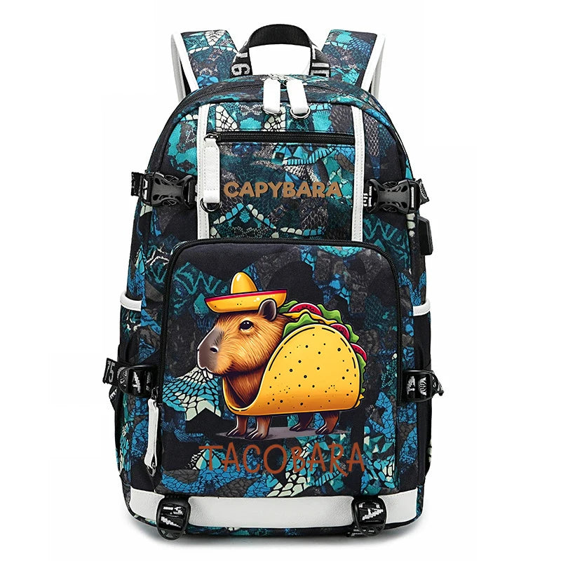 Capybara Backpack – Large Capacity Lightweight School Bag A backpack with a black and teal patterned design, featuring a cartoon capybara wearing a sombrero and taco on the front pocket, with the words 'Capybara' and 'Taco Mara' printed on it.