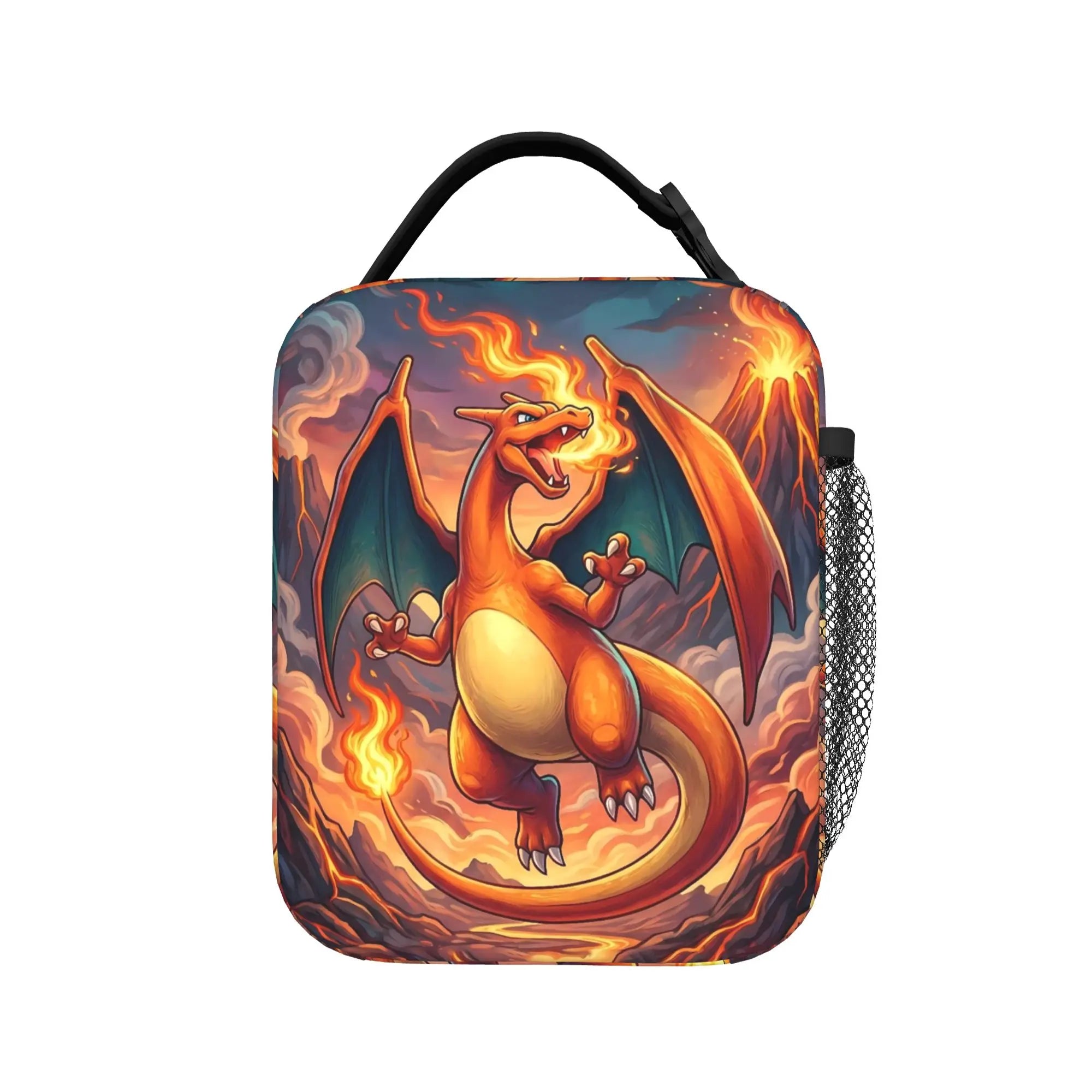 Pokemon Charizard Fire Burst Lunch Bag – Waterproof Insulated Tote A square insulated lunch bag with a black handle and side mesh pocket, featuring a colorful printed design of Charizard on a volcanic background.