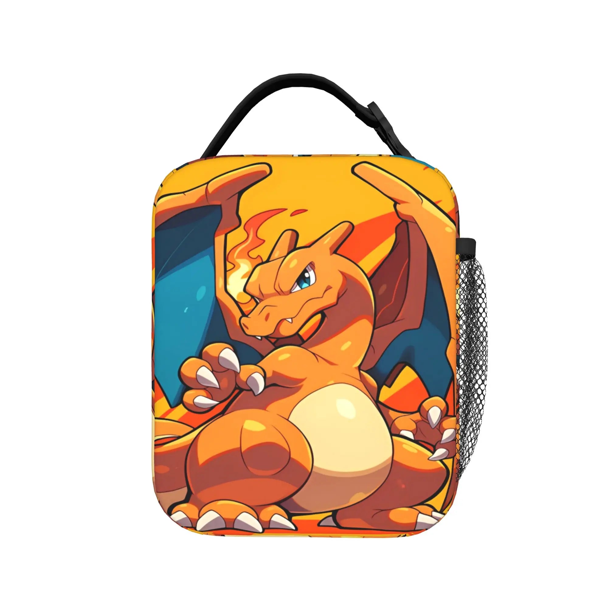 Pokemon Charizard Fire Burst Lunch Bag – Waterproof Insulated Tote A square insulated lunch bag featuring a printed Charizard illustration on the front, with a black top handle and a side mesh pocket, shown on a plain white background.