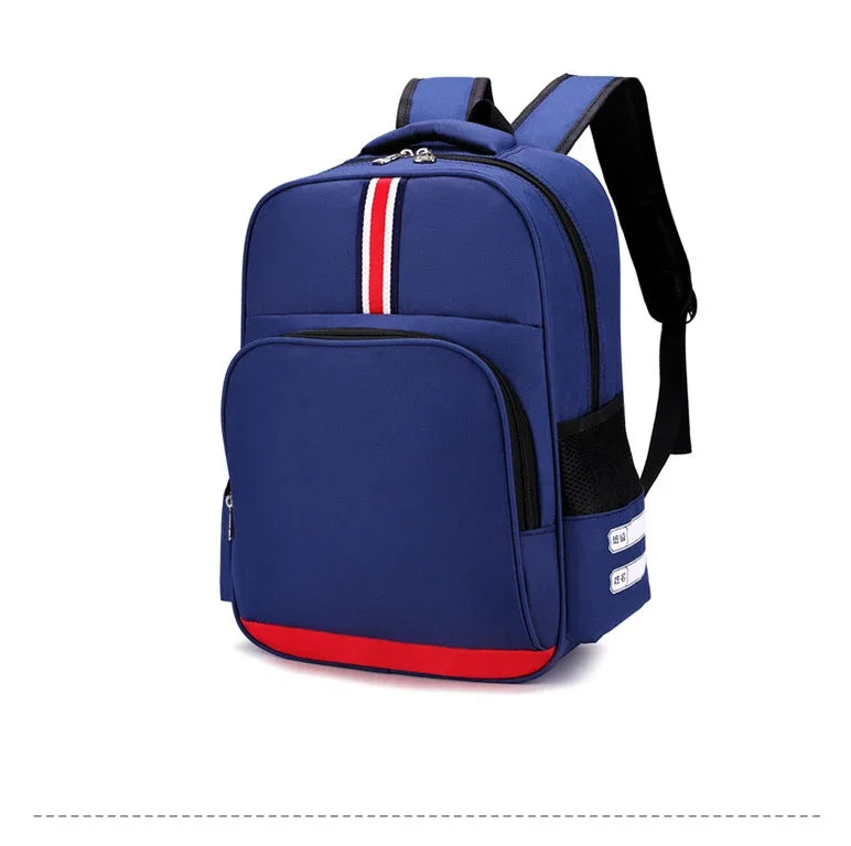 Pokemon Cartoon Backpack – Large Capacity School Bag A blue school backpack with a red and white vertical stripe on the front pocket, a red bottom trim, black straps, and a side mesh pocket, shown on a white background.