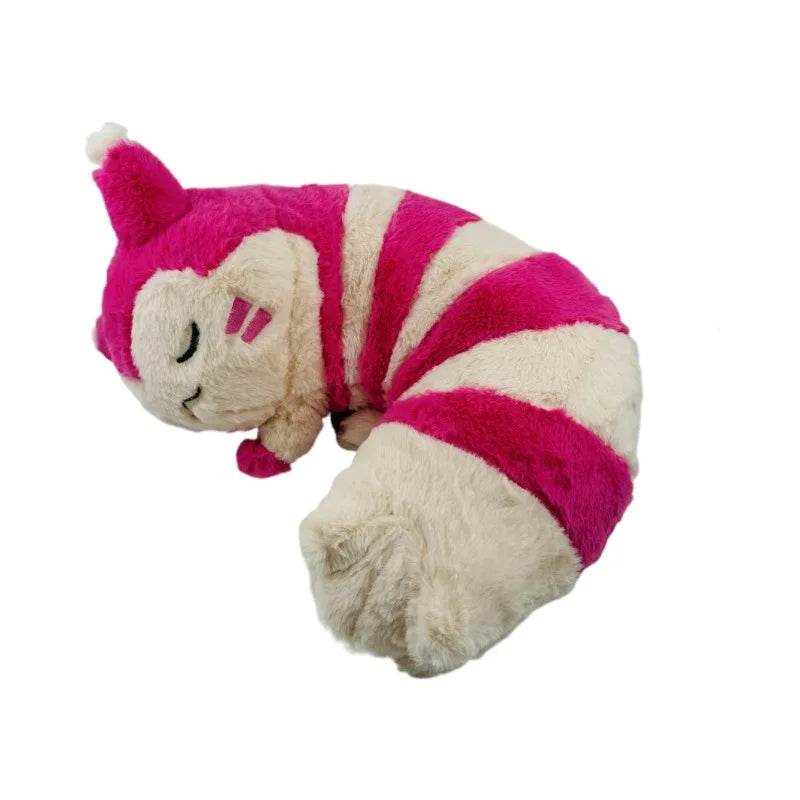 Pokemon Furret, Dratini & Snorlax Plush Neck Pillow A sleeping pink and cream striped plush toy shaped like a curled-up creature, isolated on a white background.