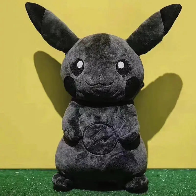 Dark Pikachu Plush Pillow Black Kawaii Doll Gray plush toy resembling a character with large ears and round eyes on a yellow background