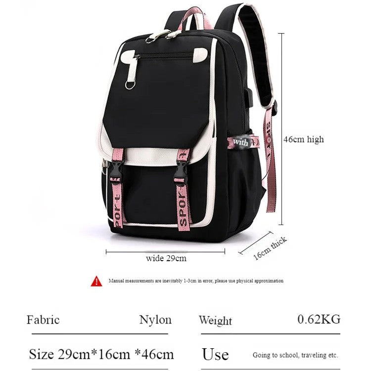 Axolotl Backpack – Anime Pattern USB School & Travel Bag Black and pink backpack with measurements and fabric details on a white background