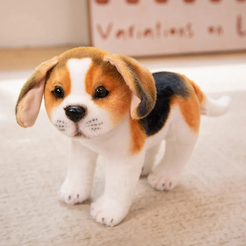 Realistic Dalmatian Beagle Plush Stuffed Toy Stuffed dog toy with brown, black, and white fur on a beige surface.