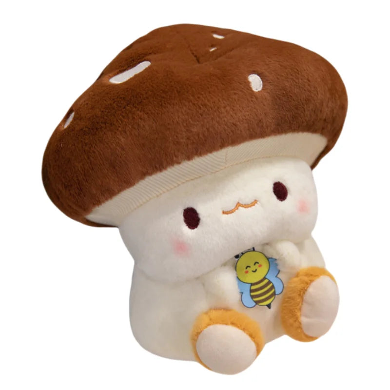 Creative Mushroom Plush Pillow – Cute Stuffed Plant Cushion for Home Décor Plush toy shaped like a mushroom with a cute face and bee design on a white background