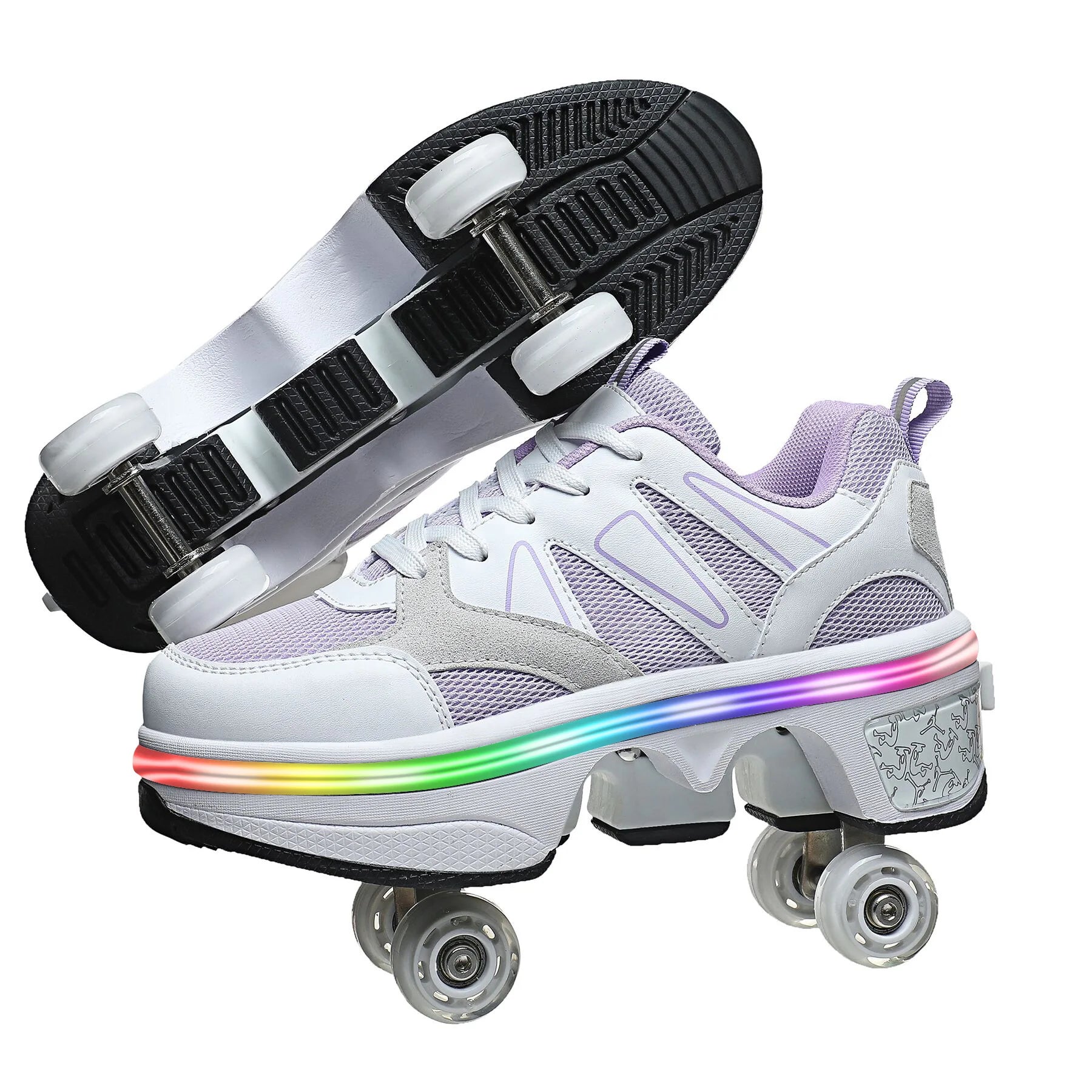 Dual Purpose Roller Skating Deformation Shoes Dual Purpose Roller Skating Deformation Shoes Furvenzy White Purple with LED Men's 3.5 (Ladies 4.5)