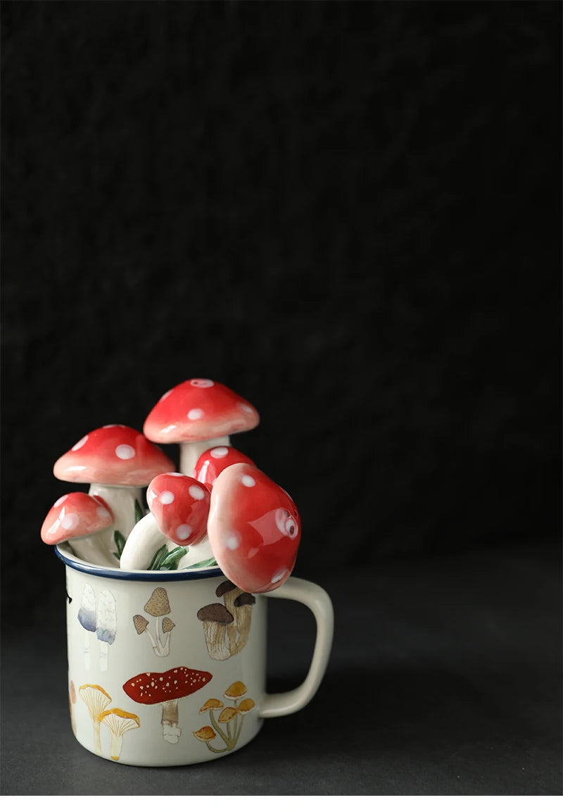 Mushroom Ceramic Coffee Cup – Japanese Cartoon Style Mushroom-shaped ceramic figurines in a mug against a dark background