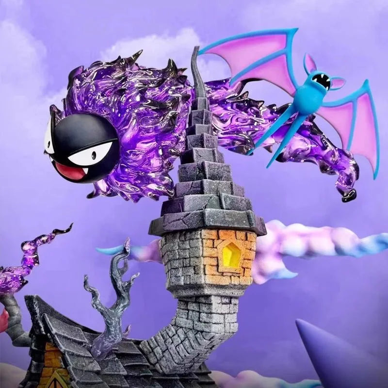 Pokemon Gengar Evolution Figure – Gengar, Haunter & Gastly Fantasy scene with a tower, dragon, and ninja figure against a purple sky.