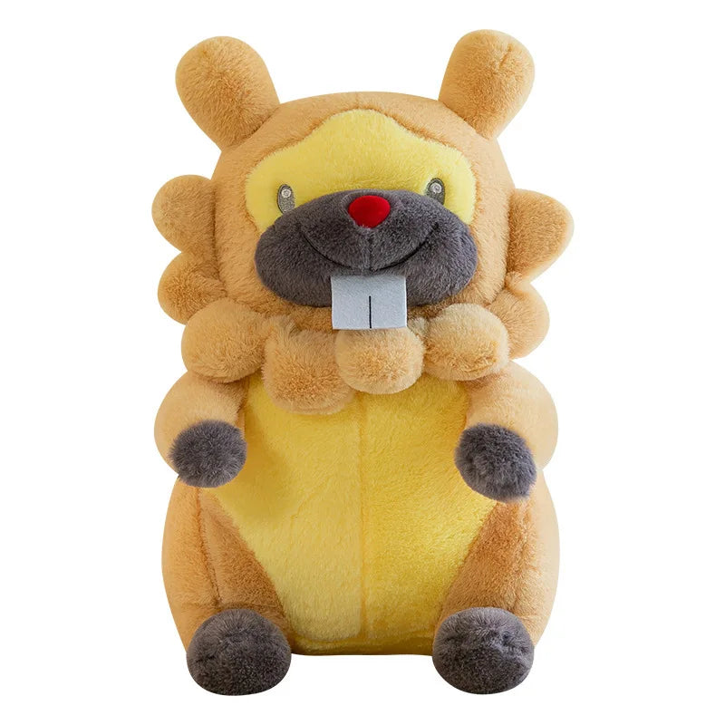 Pokemon Bidoof Plush Toy – Cute Sleeping Stuffed Animal Pillow A plush toy shaped like a cartoon beaver or squirrel, with a yellow and tan body, dark gray snout and feet, a small red nose, and a white front tooth, photographed on a plain white background.