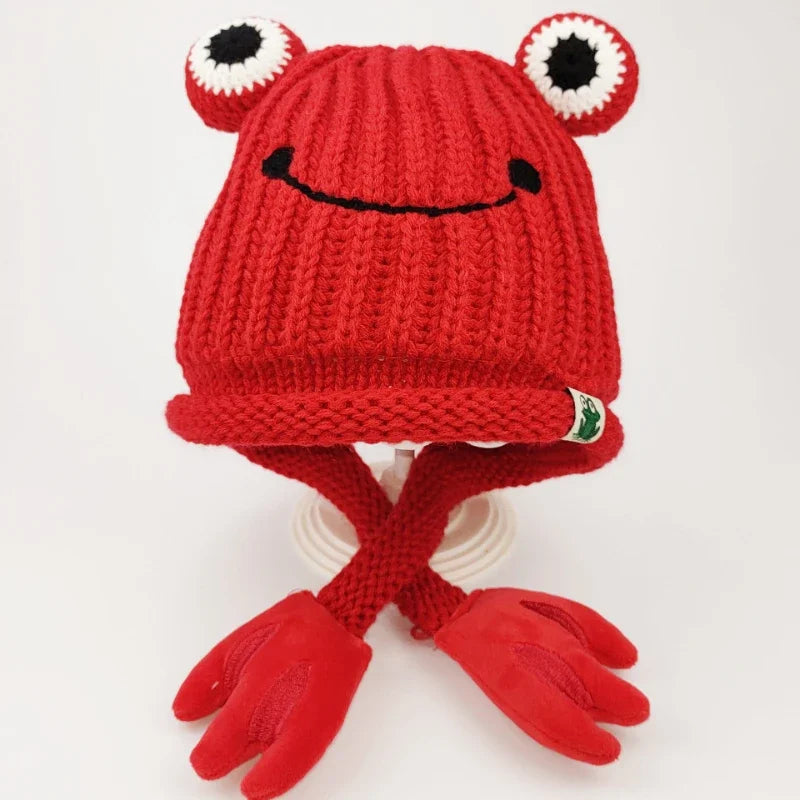 Parent-Child Cute Frog Knitted Hat – Warm Winter Cartoon Fisherman Cap Red crab-themed knitted hat with gloves on a white background