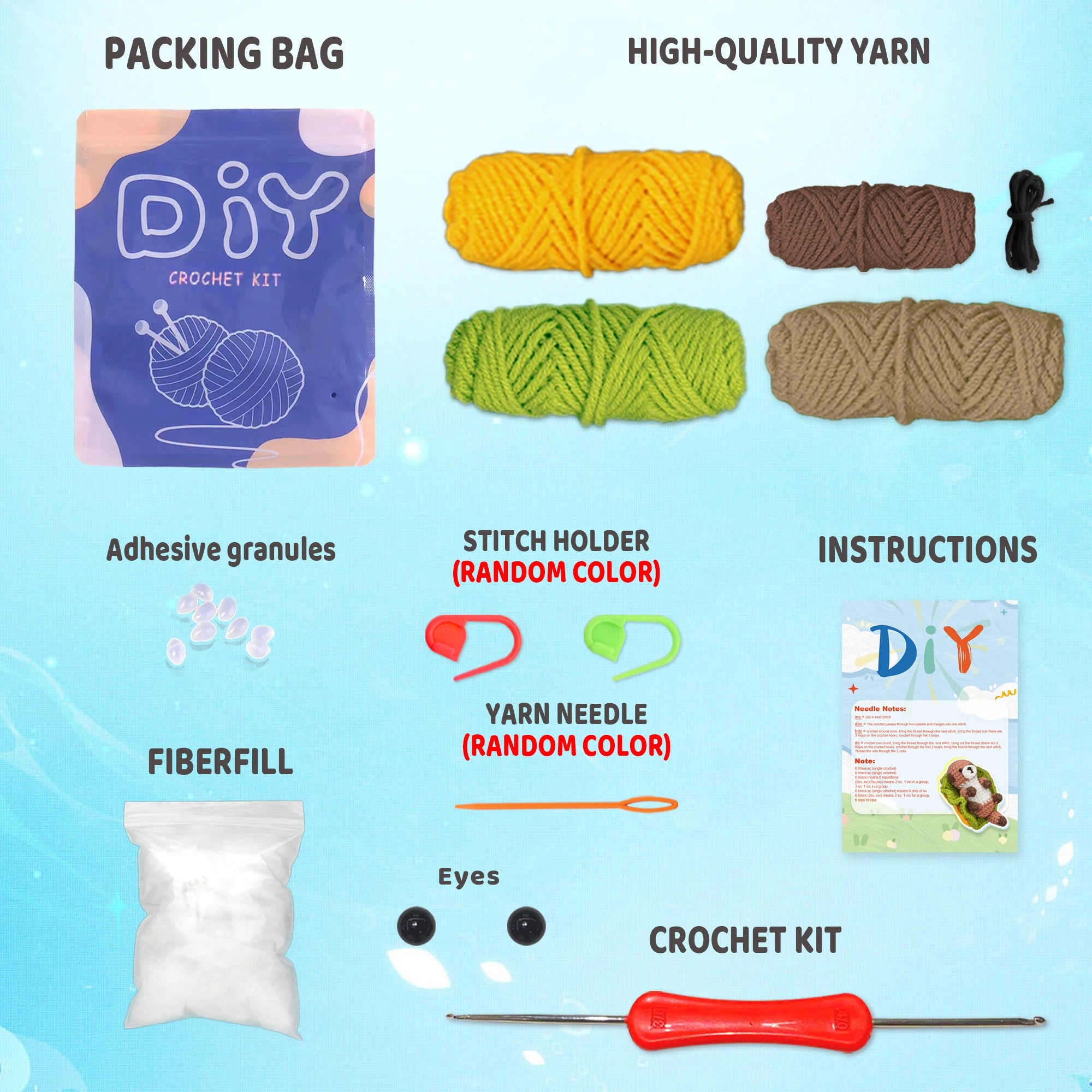 Otter Crochet Starter Kit – Easy Knitting & Craft Set Collection of items for a DIY crochet kit including yarn, adhesive granules, fiberfill, and tools on a blue background.