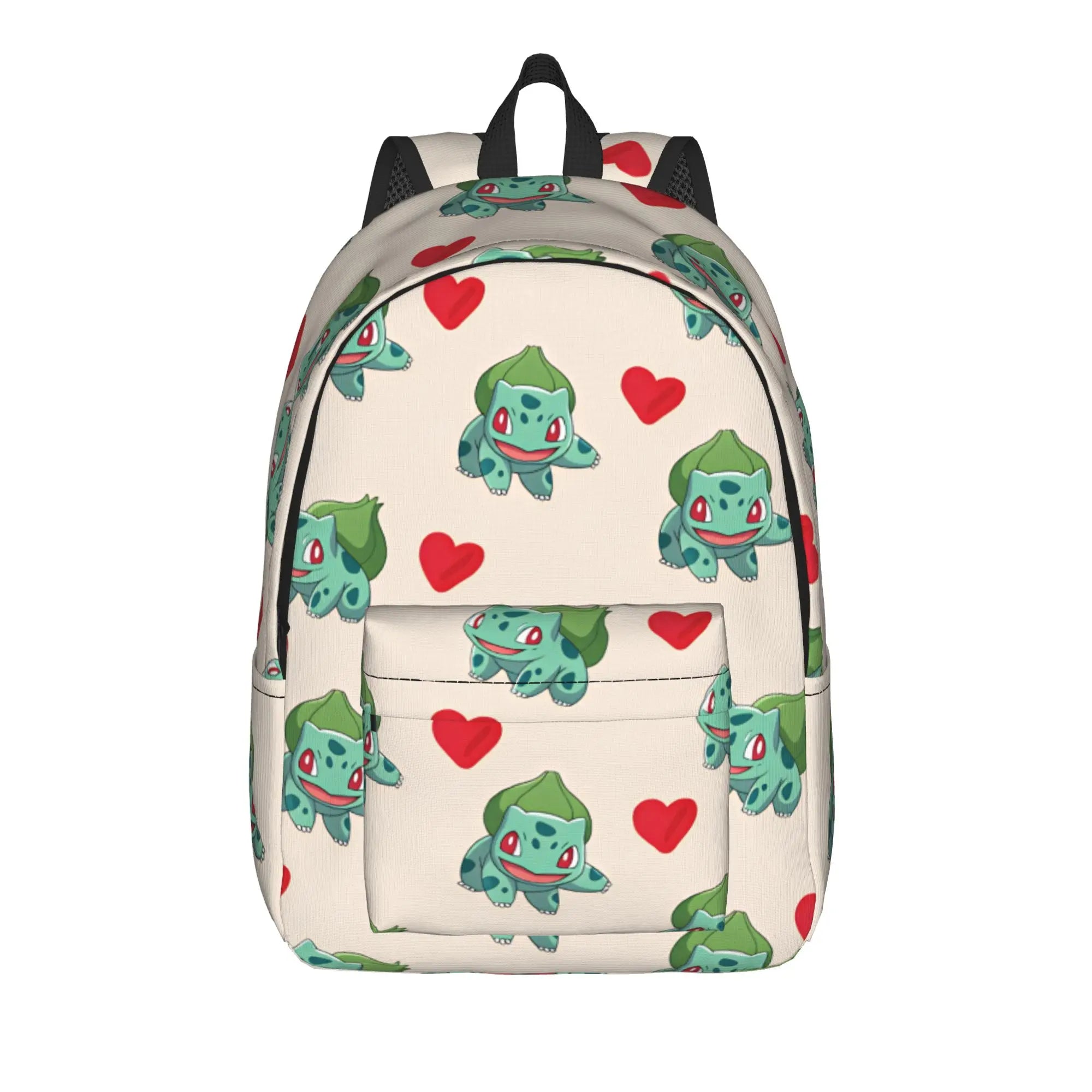 Pokemon Squirtle Backpack – Sport School Bag A backpack featuring an all-over print of Bulbasaur, the green Bulbberry character from Pokémon, with red hearts on an off-white background. The backpack has black mesh side panels and a black top handle, shown against a plain white background.