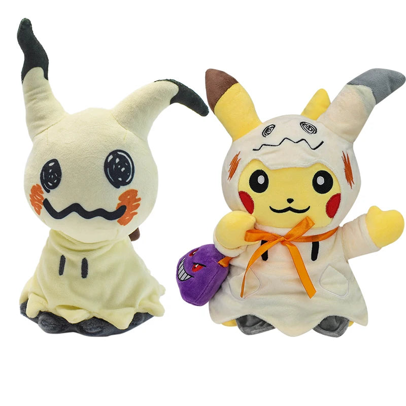 Pokemon Mimikyu Plush – Shiny Stuffed Toy Two plush toys on a plain white background: a cream-colored Mimikyu plush and a Pikachu dressed in a Mimikyu costume holding a small purple plush accessory.