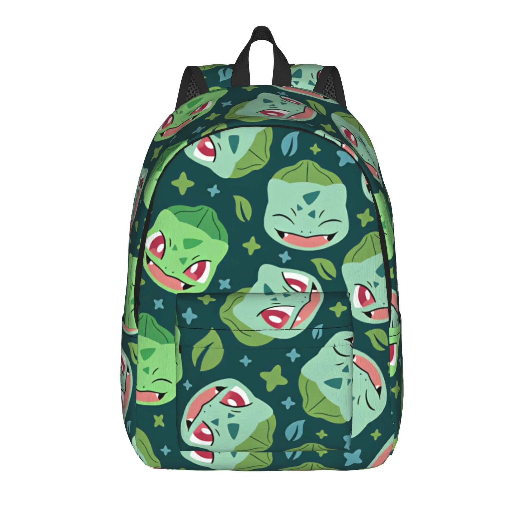 Pokemon Squirtle Backpack – Sport School Bag A backpack featuring a repeating pattern of green cartoon character faces on a dark teal background, with black mesh side panels and a black top handle, shown against a plain white background.