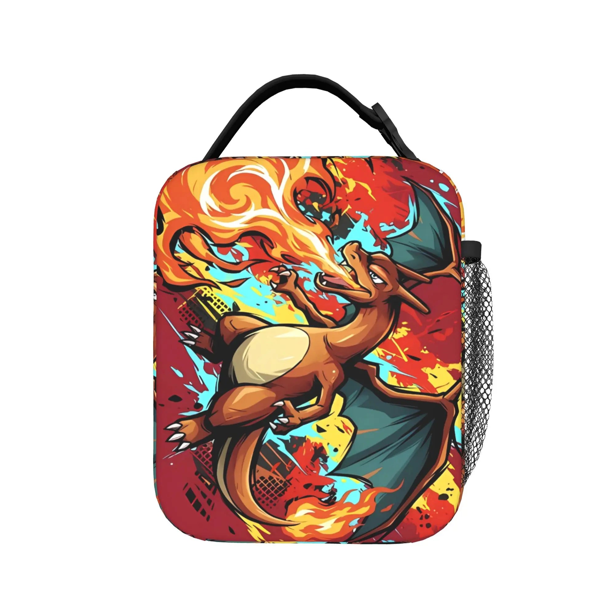 Pokemon Charizard Fire Burst Lunch Bag – Waterproof Insulated Tote A square insulated lunch bag with a black handle, featuring a colorful graphic print of Charizard breathing fire against a red and orange background. A black mesh side pocket is visible on the right side.