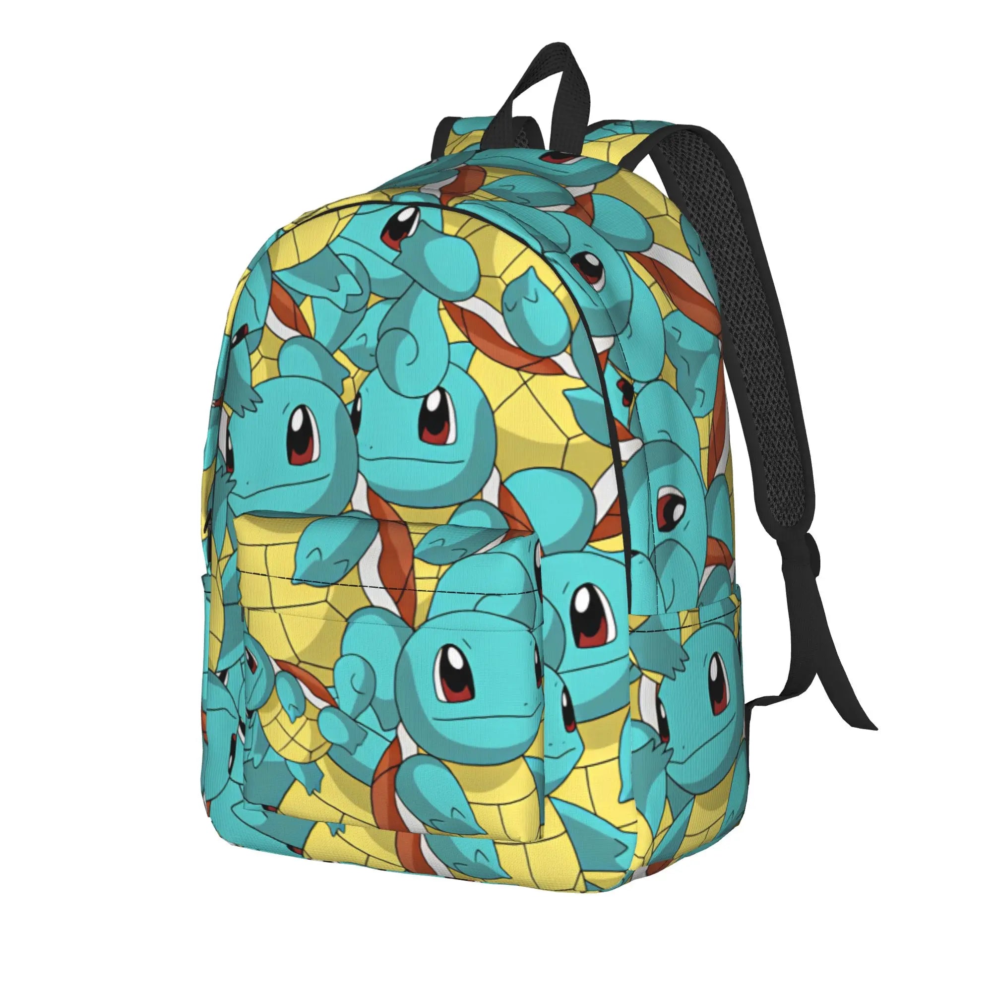 Pokemon Squirtle Backpack – Sport School Bag A backpack featuring an all-over repeating print of the blue Squirtle character on a yellow background, with black shoulder straps and top handle, shown on a plain white background.