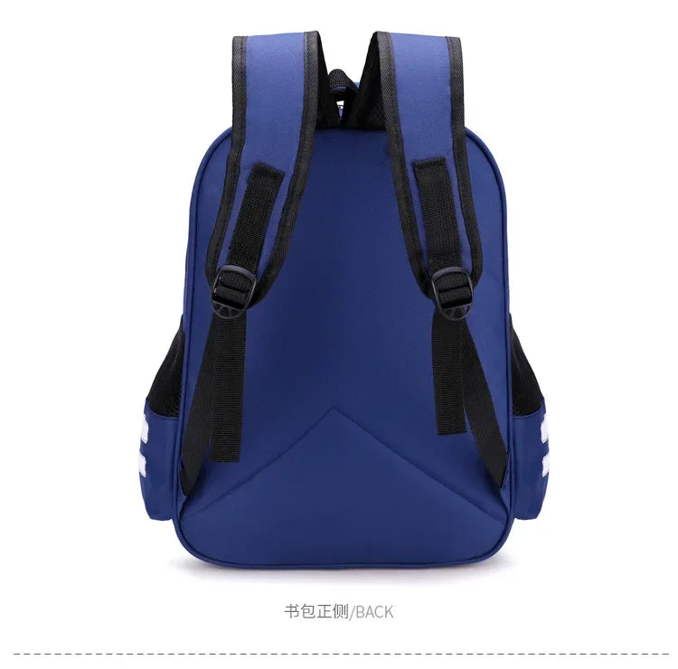 Pokemon Cartoon Backpack – Large Capacity School Bag The back view of a royal blue backpack with black straps, side pockets, and plastic buckle closures, shown against a plain white background with a small text label underneath.