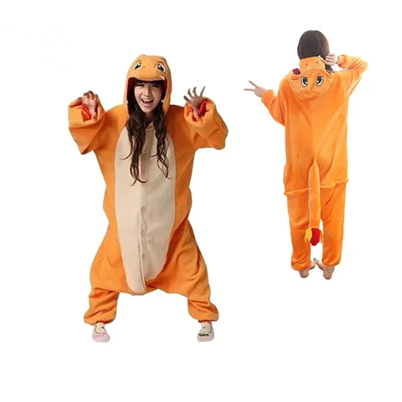 Pokemon Kigurumi Onesie – Snorlax, Gengar Anime Costumes Two people wearing orange dinosaur onesies on a white background