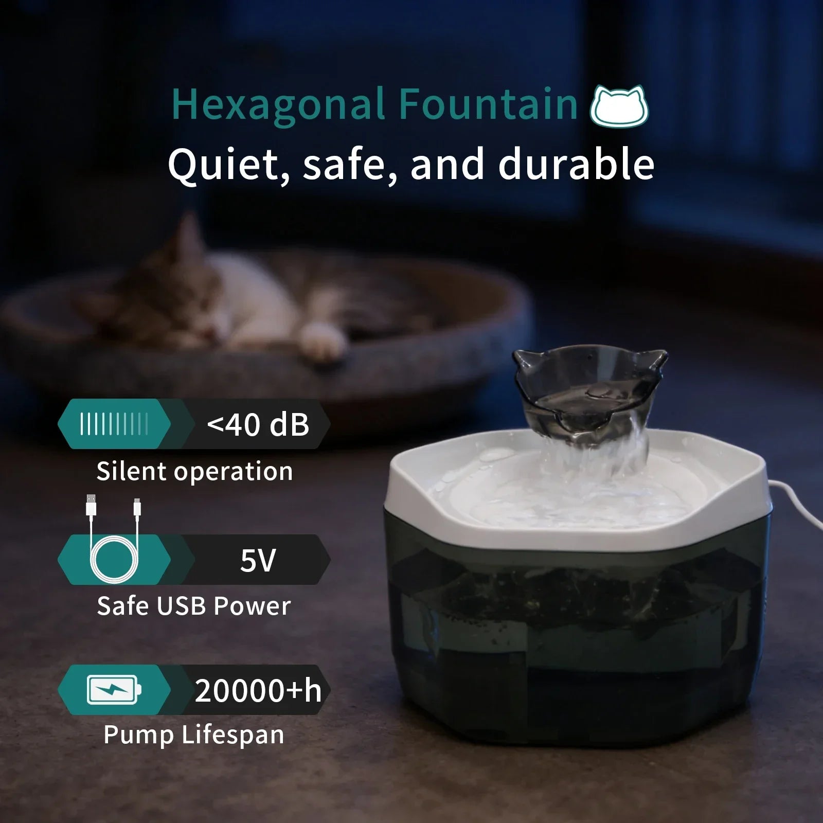 Cat Water Fountain 1.2L USB Pet Drinking Fountain Hexagonal pet water fountain with a cat in the background, highlighting features like quiet operation and safe USB power.
