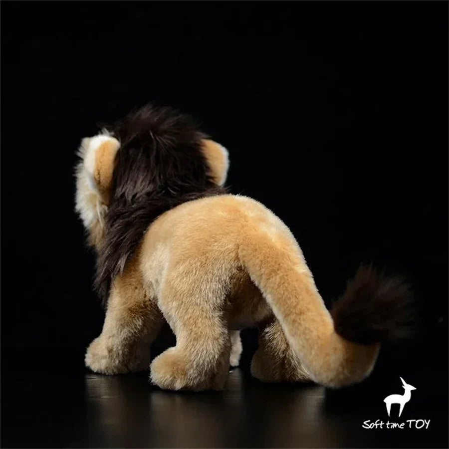 Realistic Lioness Plushie – African Lion Simulation Toy Plush lion toy from behind on a black background