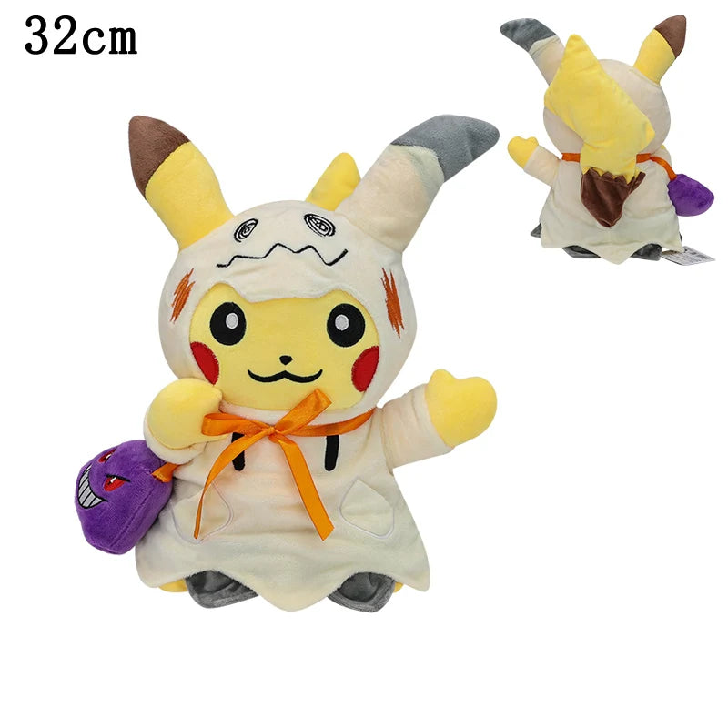 Pokemon Mimikyu Plush – Shiny Stuffed Toy A Pikachu plush toy dressed in a ghost-like white costume with an orange ribbon, shown from the front and back on a white background. The text '32cm' appears in the top-left corner.