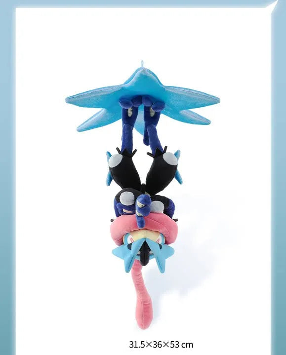 Pokemon Mega Plush Toy – Mega Lucario, Mega Greninja & Mega Starmie A plush hanging decoration shaped like a stylized frog or insect character, shown upside down against a white background