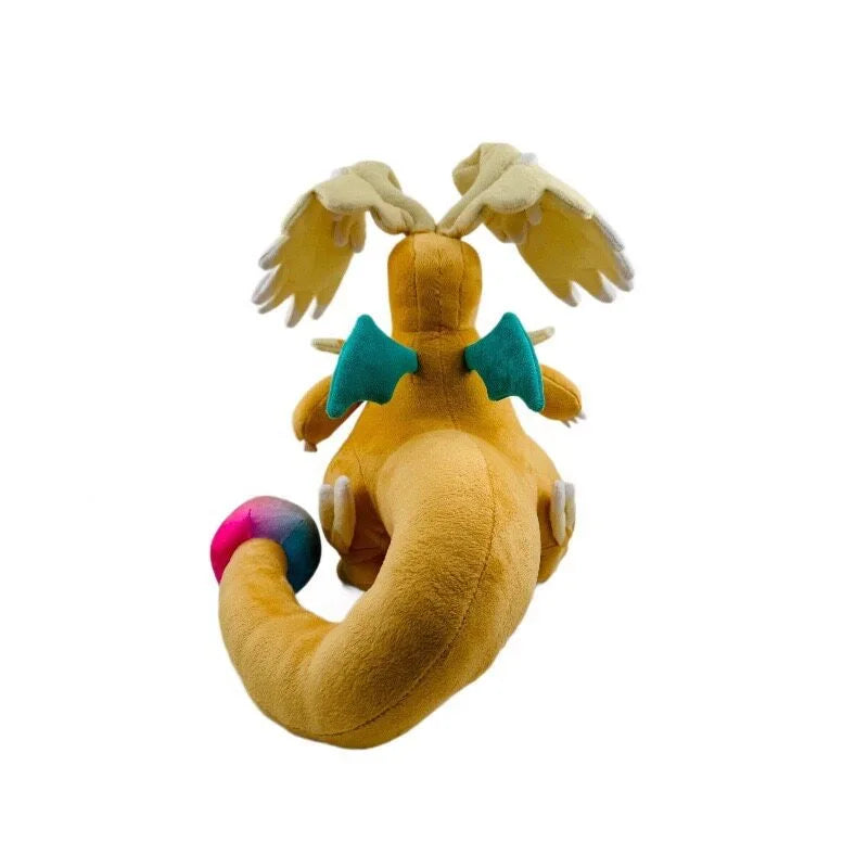 Pokemon Dragonite Plush Toy – Large Soft Stuffed Doll A plush toy of the Pokémon Charizard, shown from the back, featuring its signature yellow-orange body, cream-colored wings, teal wing-like accents, and a pink-tipped tail, isolated on a white background.