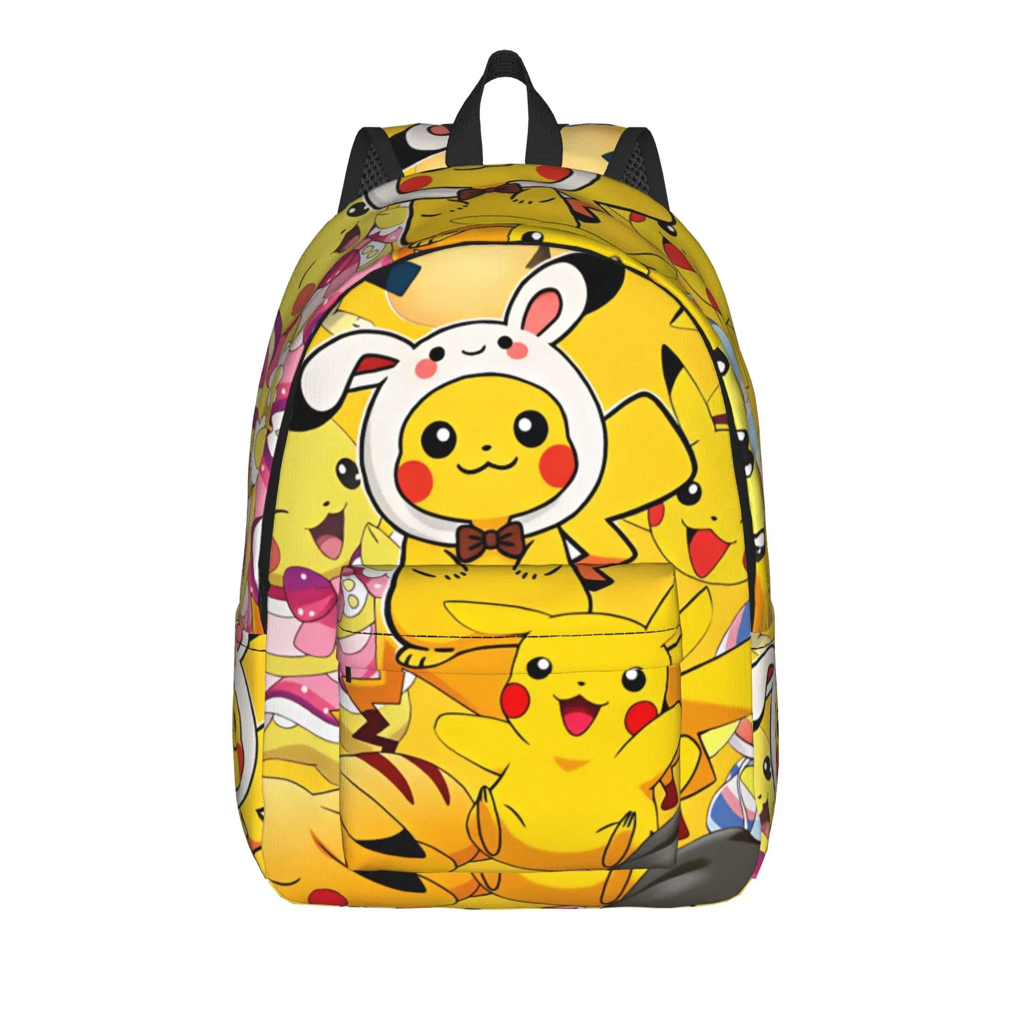 Pokemon Squirtle Backpack – Sport School Bag A yellow backpack featuring a collage print of Pikachu and other Pokémon characters, shown against a plain white background.