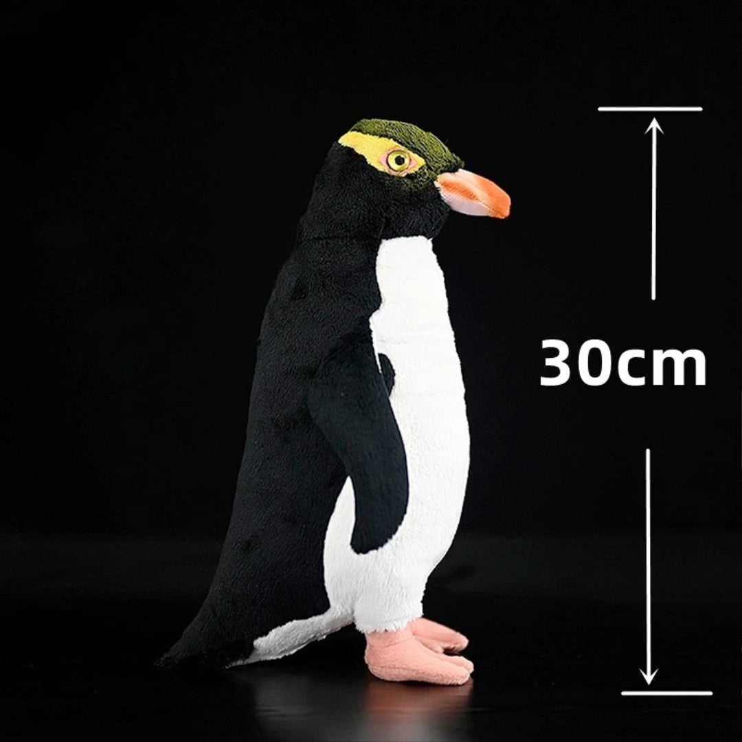 Realistic Penguin Plush Toy - Adélie Penguin Stuffed Animal Plush penguin toy with measurement label on a black background