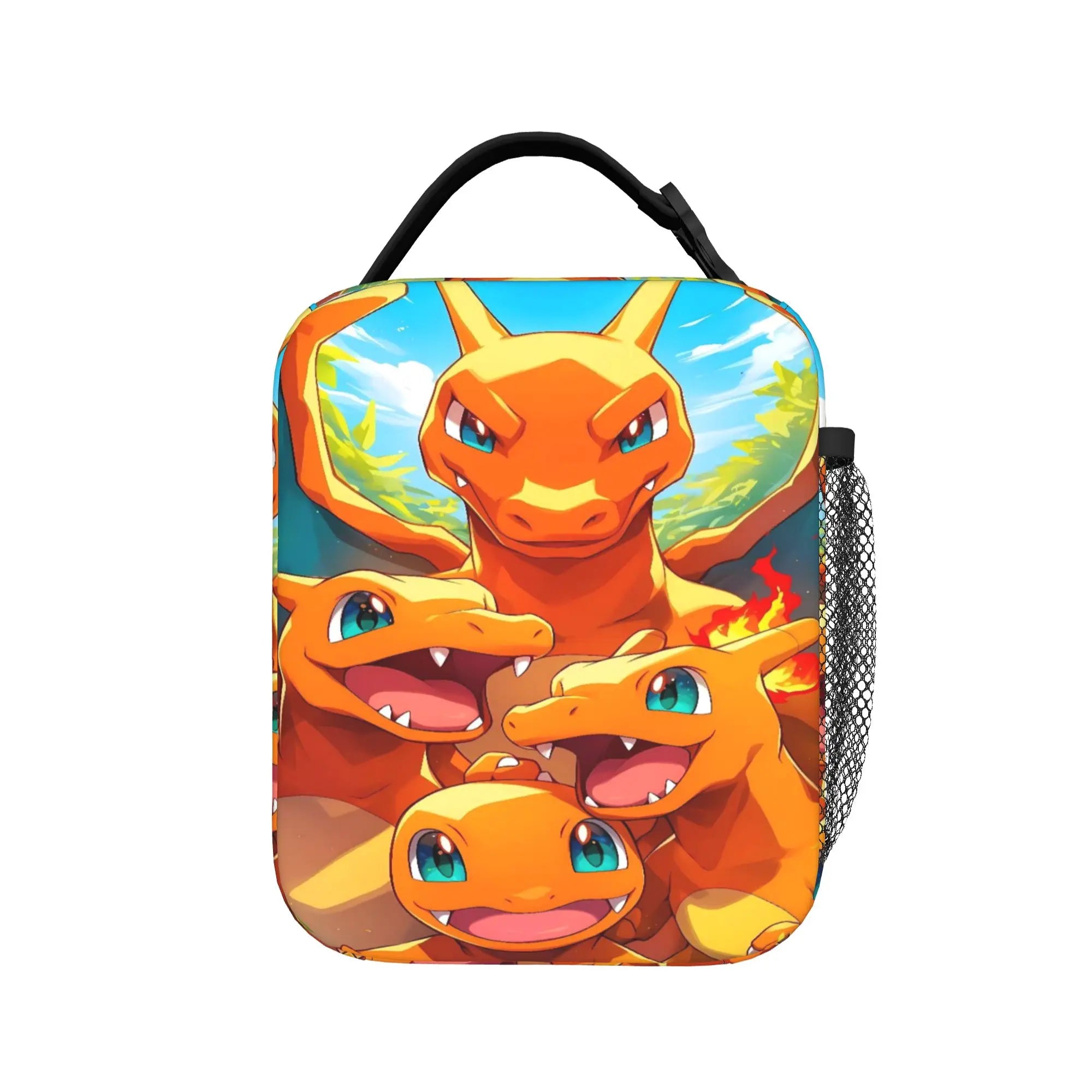 Pokemon Charizard Fire Burst Lunch Bag – Waterproof Insulated Tote A rectangular lunch bag with rounded corners featuring a colorful printed design of four Charizard characters against a blue sky and green landscape. The bag has a black top handle and a side mesh pocket, shown on a plain white background.