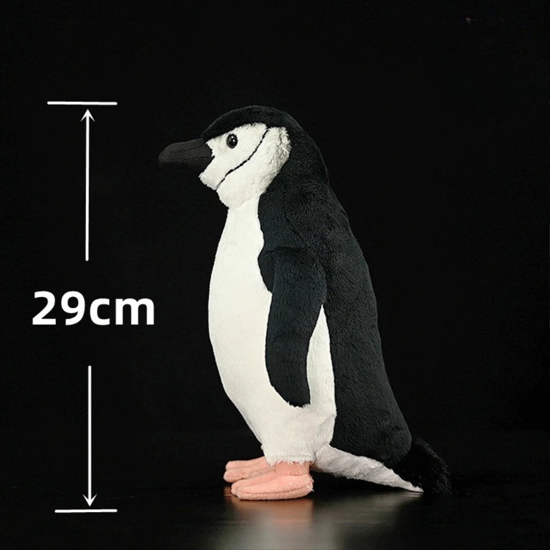 Realistic Penguin Plush Toy - Adélie Penguin Stuffed Animal Plush penguin toy with measurement label on a black background
