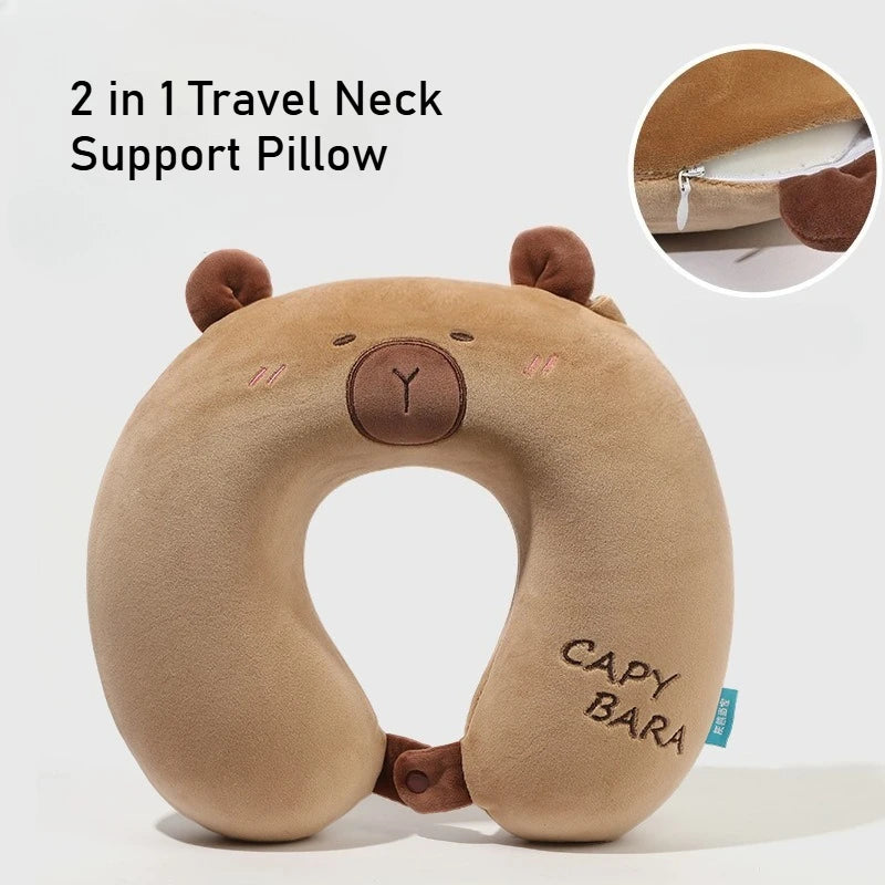 Capybara U-Shaped Plush Neck Pillow – Cute Travel Pillow Brown bear-shaped 2-in-1 travel neck support pillow with 'Capy Bara' branding on a white background.