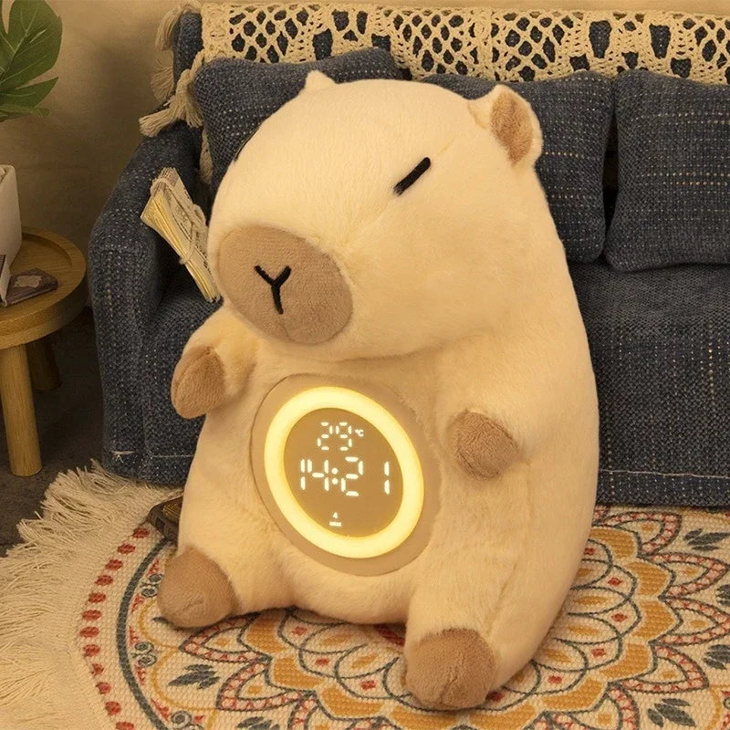 Capybara Plush Alarm Clock & Night Light – Adjustable Brightness Plush bear-shaped night light with digital clock on a cozy living room floor.