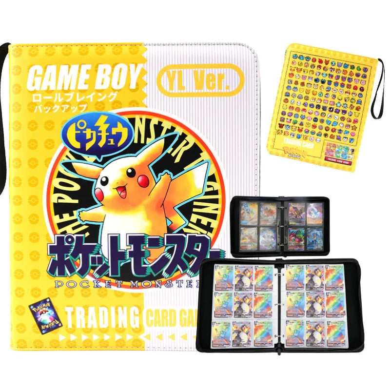 Pokemon Card Album – Gengar, Charizard & Eevee Trading Card Binder Pokémon Trading Card Game YL Ver. Game Boy card game set including a yellow and white Game Boy-style case with Pikachu artwork, a yellow card icon reference sheet, and two black binder-style card albums showing sample cards.